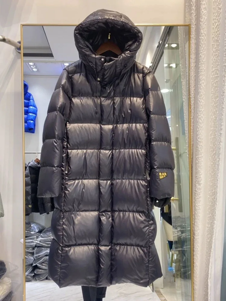 New Women Down Jacket Winter Coat Female Long Detachable Hood Parkas Warm Thiken Outwear Black Loose Versatile Overcoat