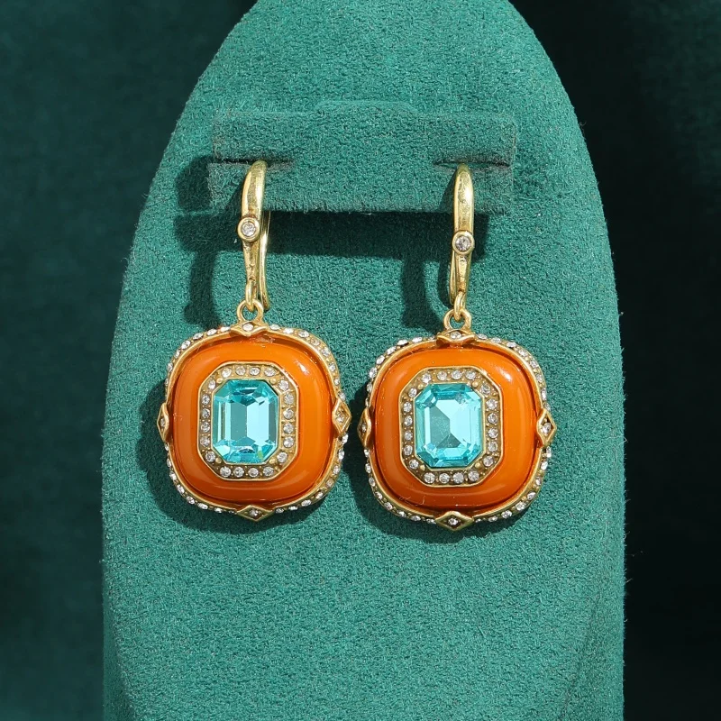 Vintage Blue Crystal Orange Glass Square Drop Earrings Luxury Antique Art Deco Gold Color Jewelry For Women Brand Quality Gift