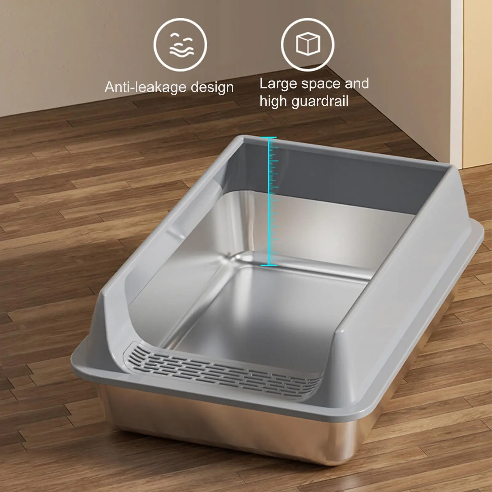 Edelstahl Katzentoilette Große Katzenstreubox Tiefe Haustier-Streubox mit Schaufel Halbgeschlossene Katzentoilette mit Streuschaufel