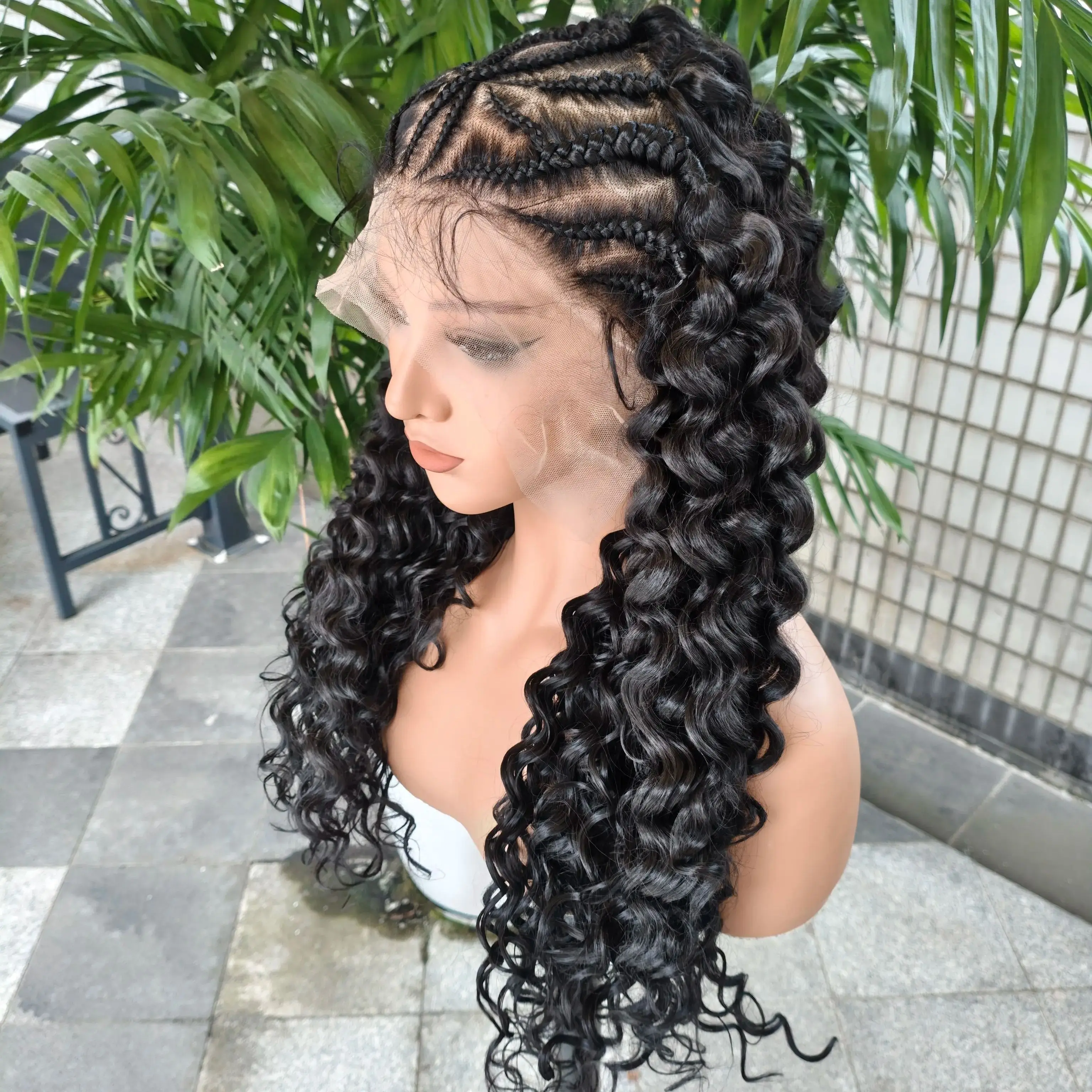 Wig Rambut Kepang Deep Wave Full Lace dengan Baby Hair untuk Wanita, Wig Rambut Sintetis Half Cornrow, Wig Kepang Pre-Styled