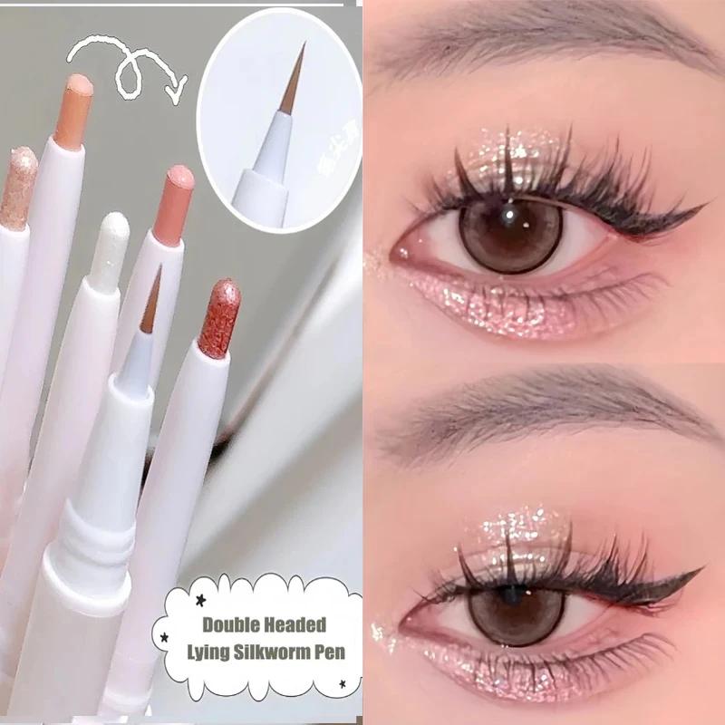 Delineador de ojos de diamante de doble cabeza, lápiz de pliegue, gusano de seda tumbado, resaltador impermeable, Perla blanca Natural, sombra de ojos, Gel, cosméticos