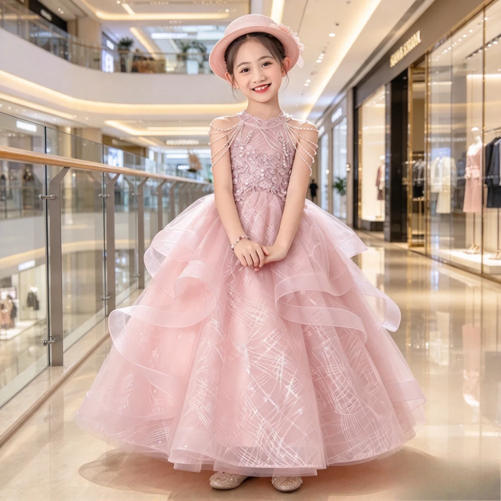 Pink Children Girls Birthday Princess Dress Flower Girl Wedding Formal Celebration Clothes Gown Piano Performance Host Pageant