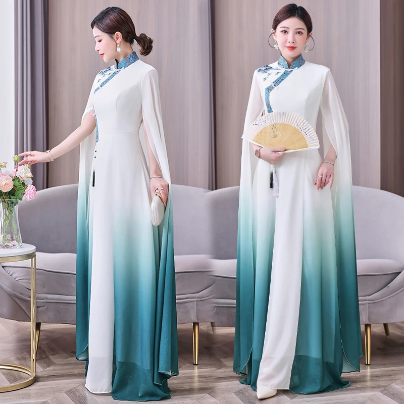 2025 New Gradient Color Adult Guzheng Traditional Chinese Music Performance Costume with Water Sleeves for Chorus Show