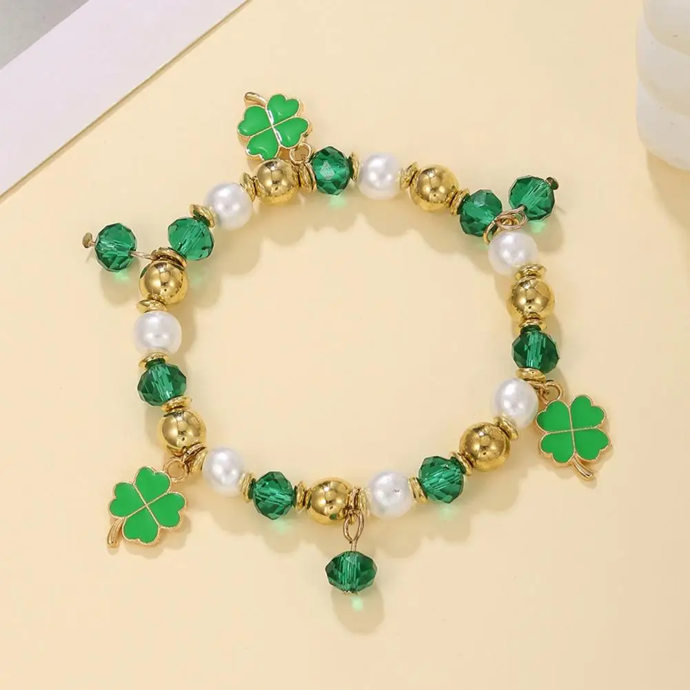 St Patrick Day Accessory Shamrock Bracelet St Patrick’s Day Jewelry Irish Beaded Lucky Charm Bracelet Elastic Clover Festive