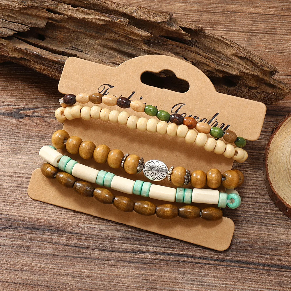 Retro-Farbige Holzperlen-Mehrschicht-Armband-Set, Böhmische Blumen-Stretch-Armbänder für Männer, Hip-Hop-Schmuck, Mode-Accessoires – Detail 3