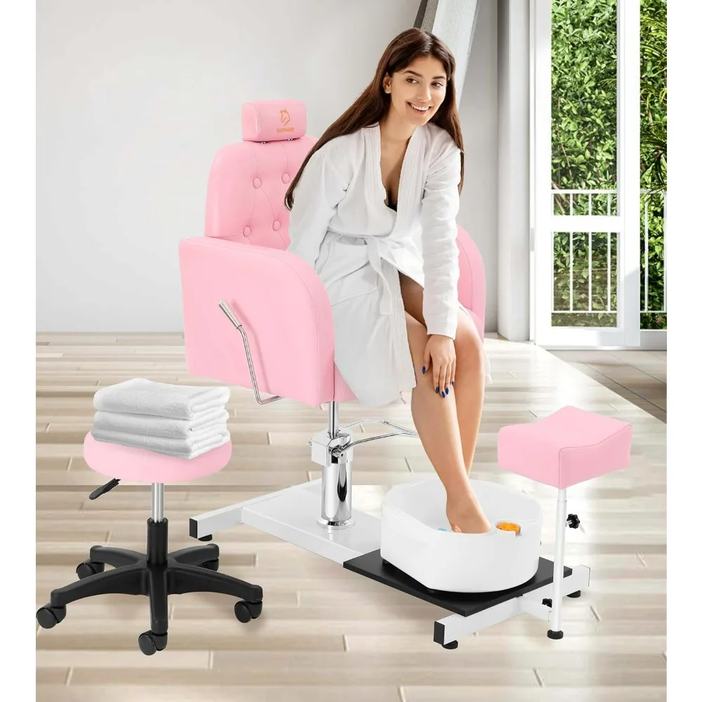 Recumbent pedicure chair with foot massage basin stool, hydraulically adjustable, 360° rotating beauty spa salon pink