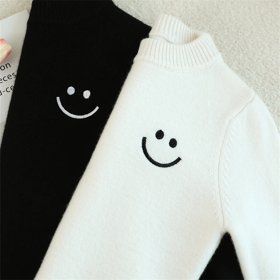 

childrens 100% cashmere knitted sweater neutral smiling face embroidered Korean version sweater Solid color thickened base shirt