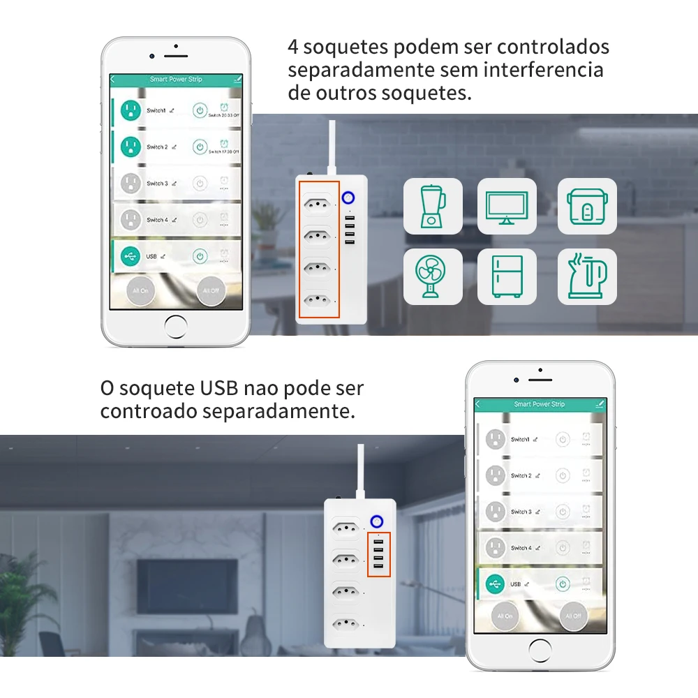 Tuya Wifi/ZigBee Smart Power Strip 4 Outlets Plug 4 USB Brazil Plugs 1.5M Extension Cord Surge Protector for Alexa Google Home