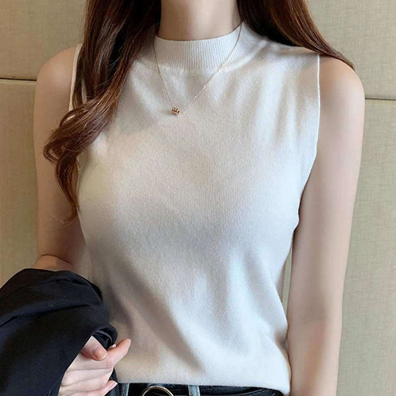 Blouses Top Femme Knit Blouse Women Blusas Mujer De Moda 2024 Verano Sleeveless Black White Knitted Blouse Shirt Tops Women E821