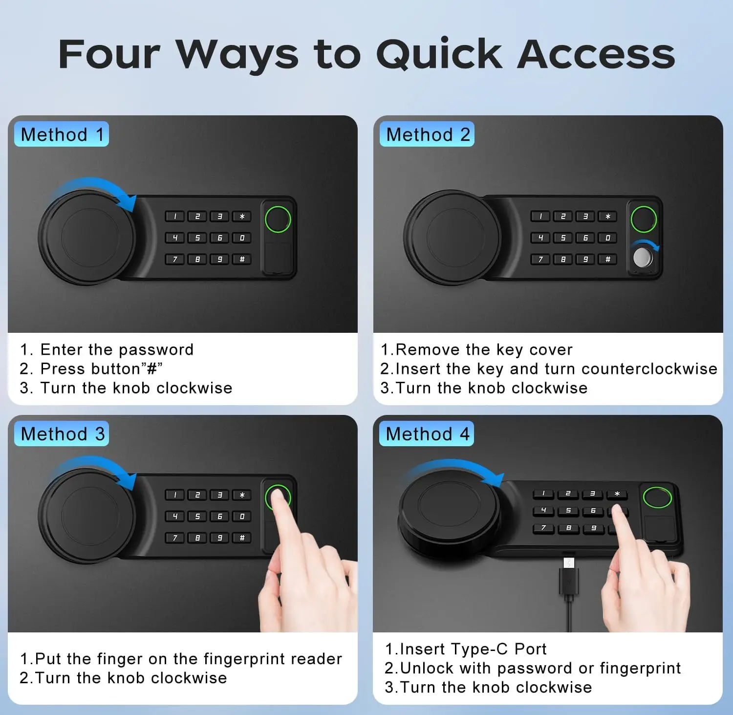 Smart Biometric Safe Box, 1.7 คิวฟุต Quick Access ปลดล็อคด้วยลายนิ้วมือ/ปุ่มกด/คีย์/พอร์ต USB สําหรับหลายปืนพก, Security Stee