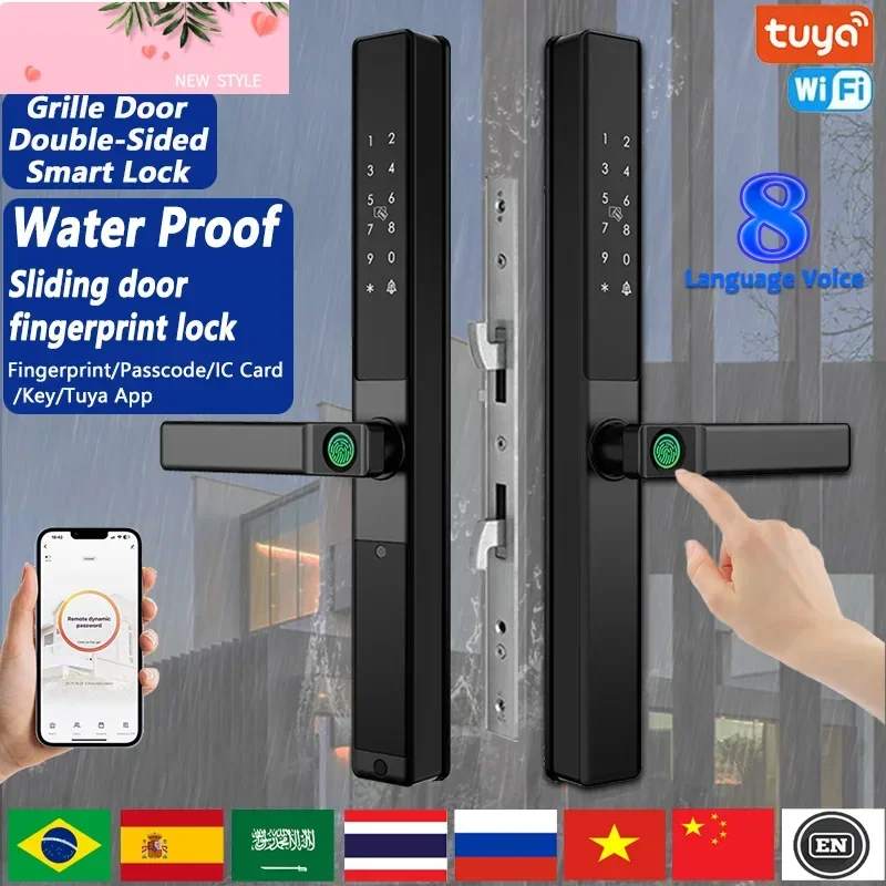 

Double-Side Smart Door Lock Waterproof Fingerprint Password Card Tuya App Bridge-Cut For Outdoor Pull Push Sliding Grille Door