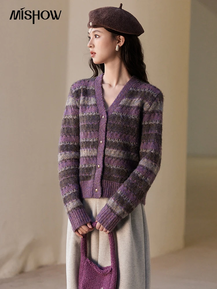 MISHOW Purple Knitted Cardigan V-Neck Long Sleeve Lazy Winter Women Clothes Color Clash Striped Sweater Versatile Top MXD36Z0892