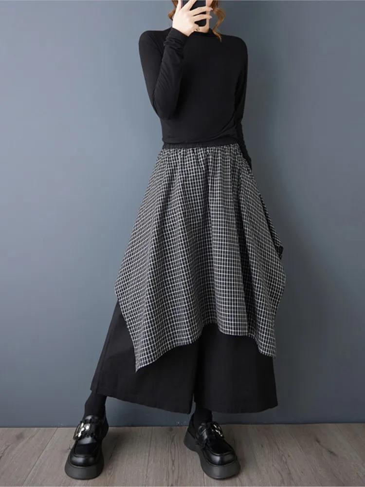 المتضخم بنطال ذو قصة أرجل واسعة النساء موضة منقوشة Pacthwork فستان بانت السيدات عالية الخصر السراويل القوطية امرأة وهمية قطعتين بنطلون #2