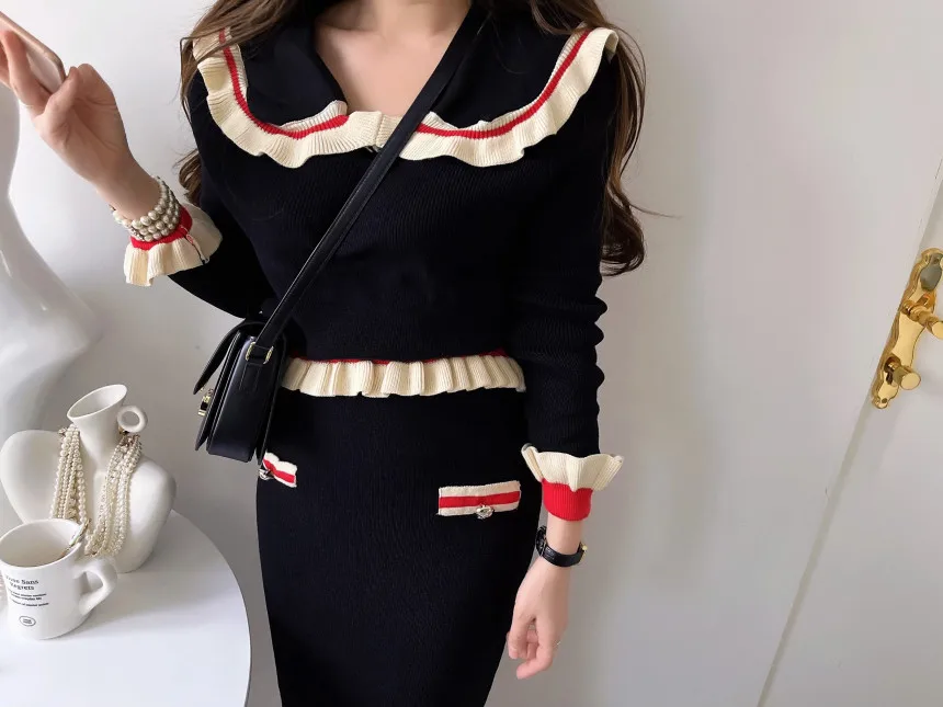 Autumn And Winter Women Ruffles Knitted Peter Pan Collar Short Coats + High Waist Bodycon Skirts Sets Two Pieces Suits Outfits