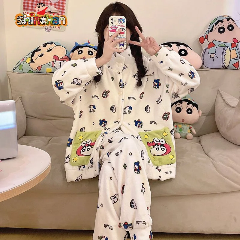 Kawaii Crayon Shin Chan Pajama Plush Set Flannel Kawaii Pajama Thickened Slim Fit Can Be Worn Home Clothes Girl Gift