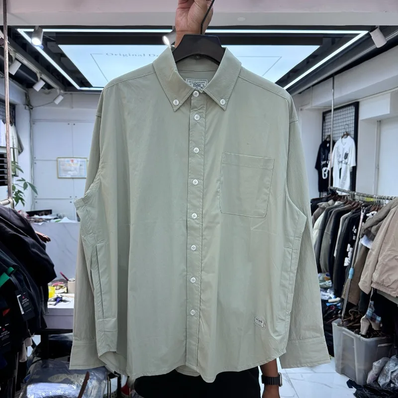 

Retro Light Water Washed Solid Color Simple Long Sleeved Shirts Men Women High Street Loose Casual Fashion V-shape Shirt Clothes