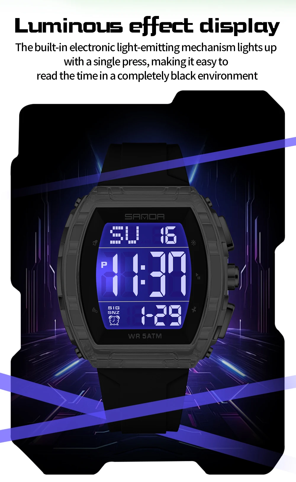 SANDA New 6286 Fashionable Luxury Men's Electronic Watch Sports Waterproof Countdown Calendar Night Light Men's Electronic Watch