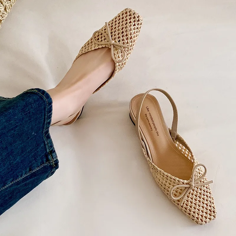 

New Summer Sandals Square Toe Sandals for Women Low Heel Fashion Bow Decoration Hollow Out Sandals Breathable Ladies Shoes Women