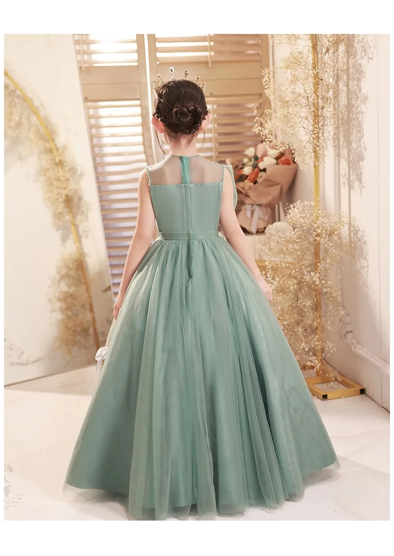 Teenage Girls Dress Green Lace Children\'s Clothing Party Elegant Princess Long Tulle Clothes Kids Sequined Wedding Ceremony Gown