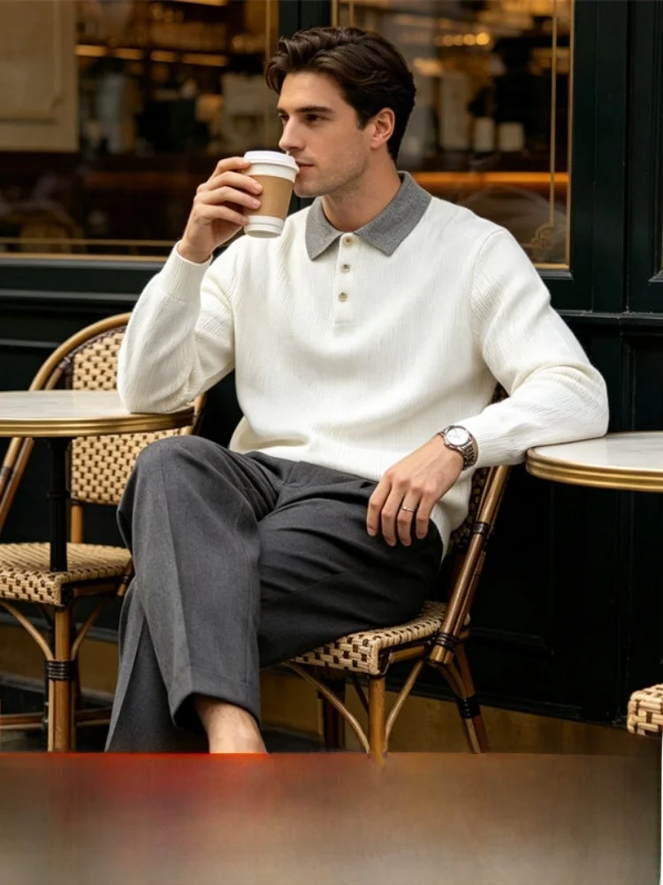 Italian Style Men's Knitwear Shirt High Luxury Color Block Collar Elastic Autumn Winter Commute Fashionable Sweater