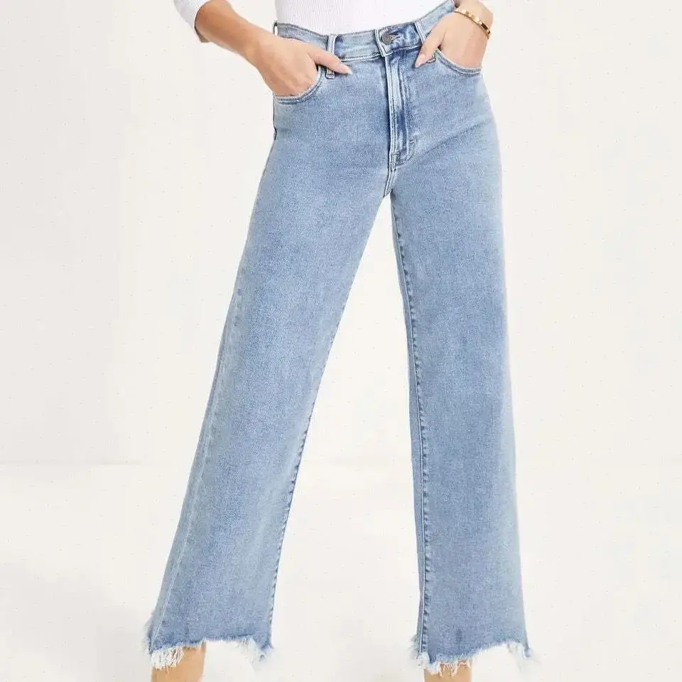 Women Denim Tassel Wide Leg Pants Jeans Washing Loose Fit Mid Waist Pockets Zipper Fly Solid Color Ankle Length Pants Basics