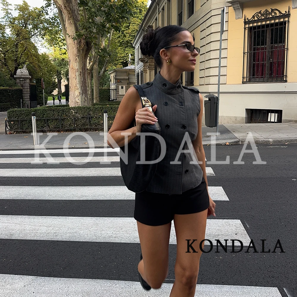 KONDALA Women Chic Striped Double Breasted Suit Vest Elegant Stand-up Slim Vest 2026 Summer Early Fall Trendy High Street Vest