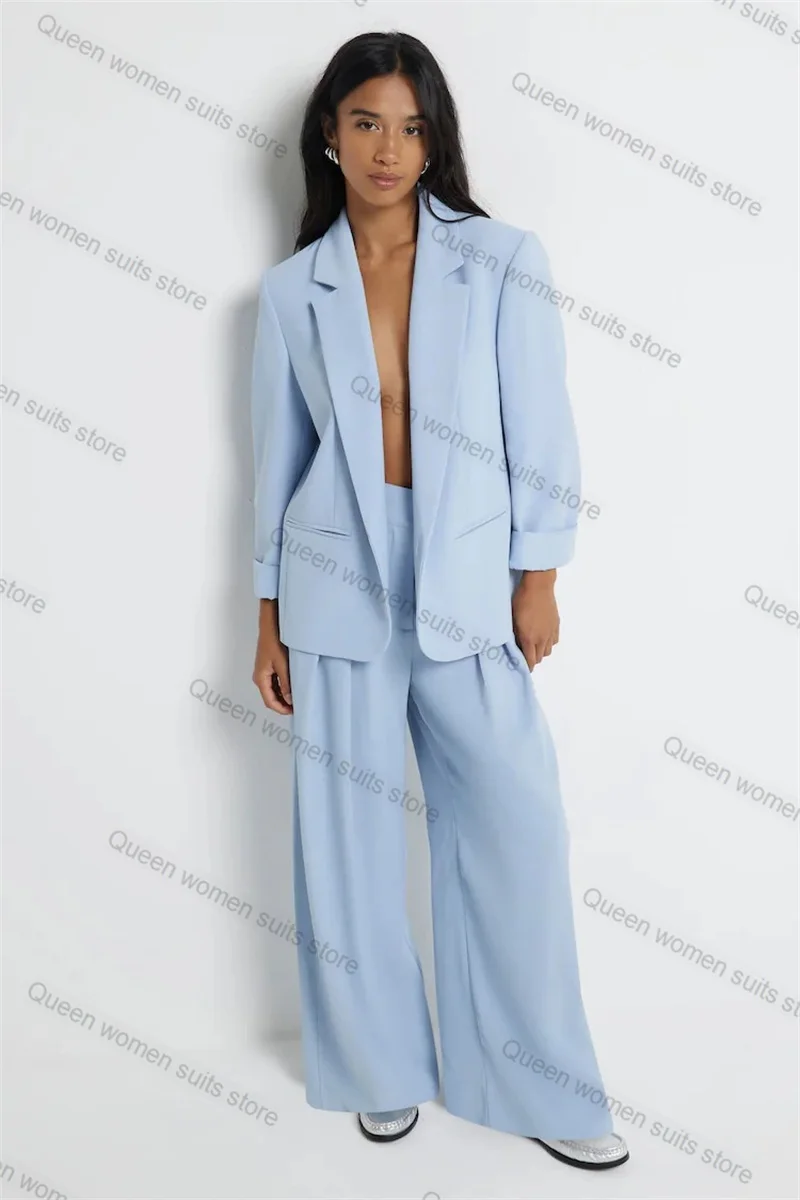 Formal Blue Women Suit Set for Wedding 2 Piece Loose Blazer+Pants Cotton Prom Jacket Office Lady Coat Trousers Custom Made