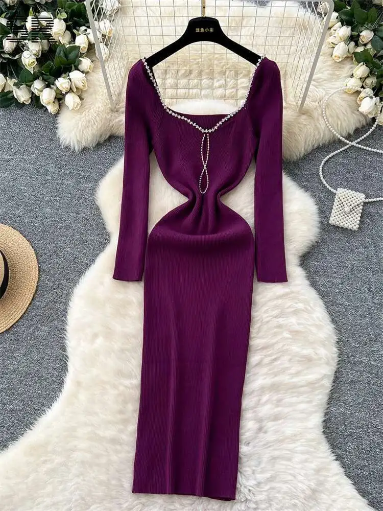 BabYoung الشتاء الديكور محبوك فساتين النساء طويلة الأكمام النمط الفرنسي مزاجه الصلبة الخريف موضة مطاطا فستان كبار