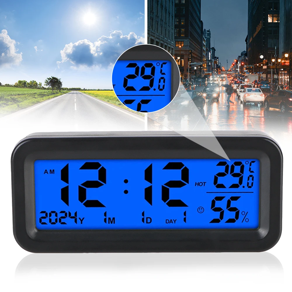 Date Week Temperature Humidity LCD Backlit Display for Dashboard Internal Stick-On Automobiles Car Clock Car Digital Clock Solar