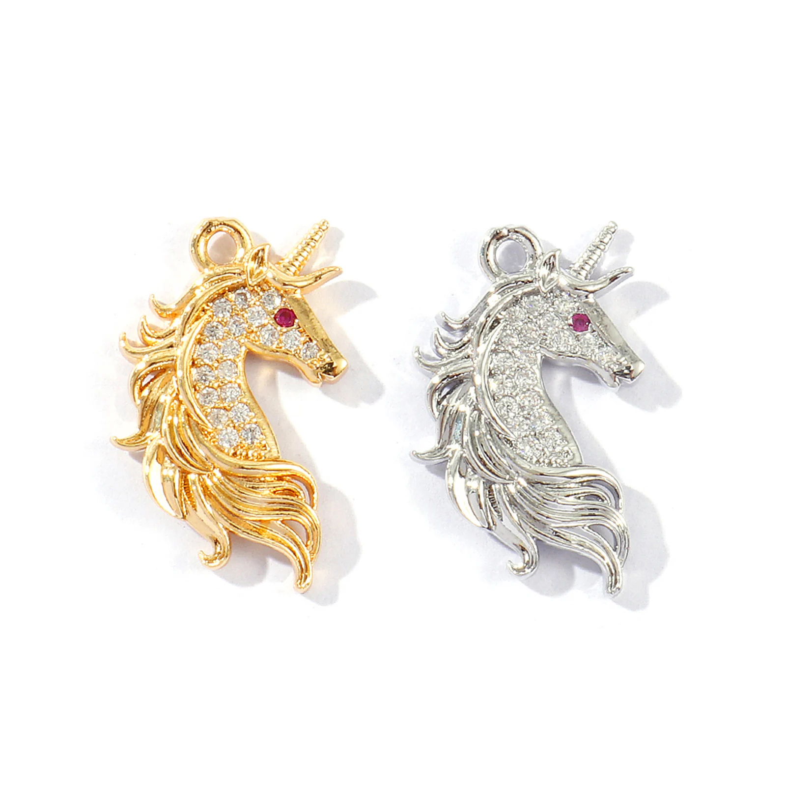 2pcs New Brass Charms Gold Plated Horse Animal Micro Pave Clear Cubic Zirconia Pendants DIY Necklace Jewelry FIndings 23mmx14mm