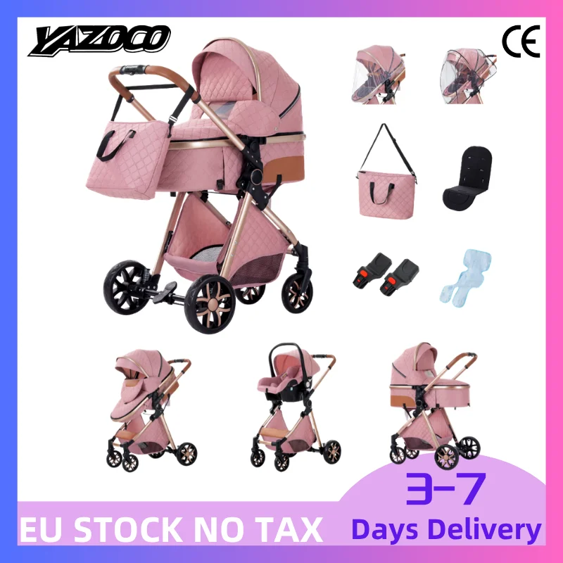 Poussette convertible 3-en-1 à vue surélevée et quatre roues antichoc pour bébé, structure pliable peu encombrante, équipée d'un moustiquaire lavable à circulation d'air pour les promenades quotidiennes des nouveau-nés