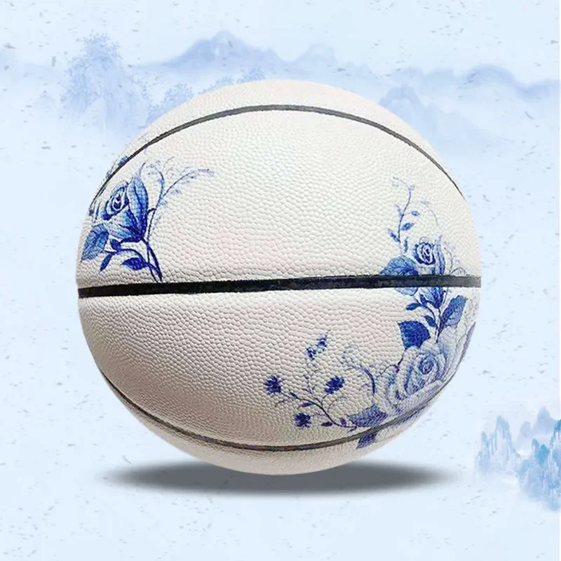 Blue and White Porcelain Basketball Customized Non-slip Basketball PU Soft Leather High Elastic Indoor and Outdoor BasketBall