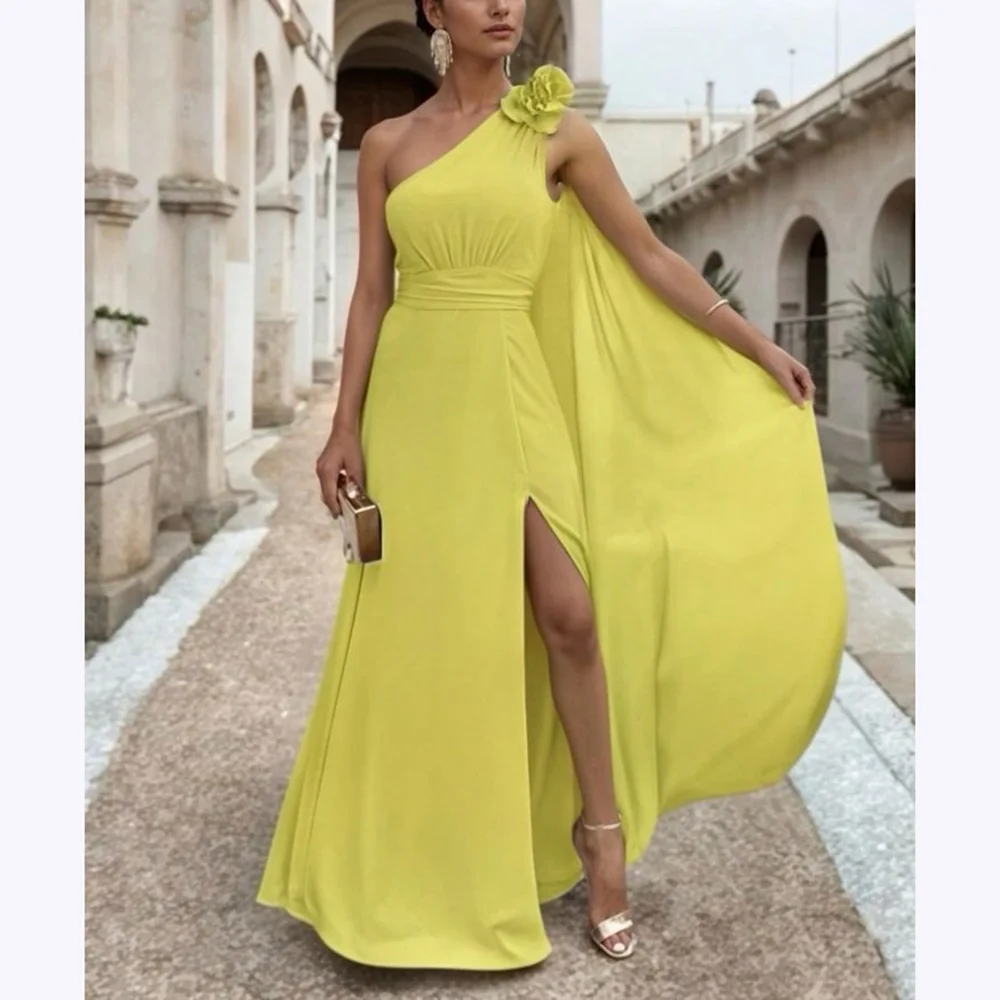 

Elegant Prom Dresses For Women 3D Flower One Shoulder A Line Dress Side Slit Floor Length Formal Evening Prom Gown High Quality