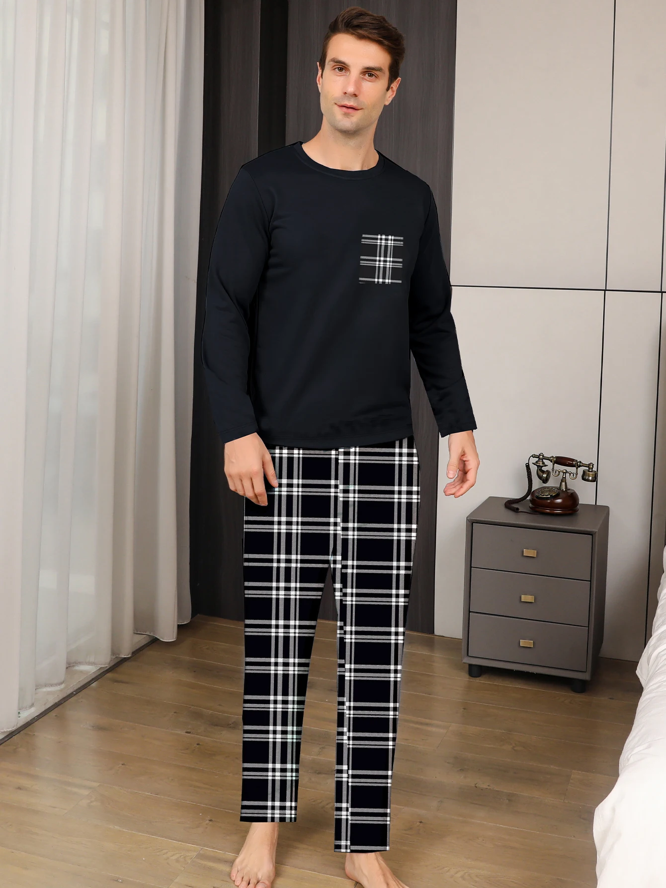 Two piece sets men's pajamas autumn and winter long sleeved pants checkered sleepwear set