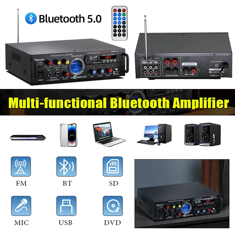

Профессиональный автомобильный усилитель 12В/220В Hi-Fi с цифровым управлением, многофункциональный Bluetooth-усилитель для дома и автомобиля