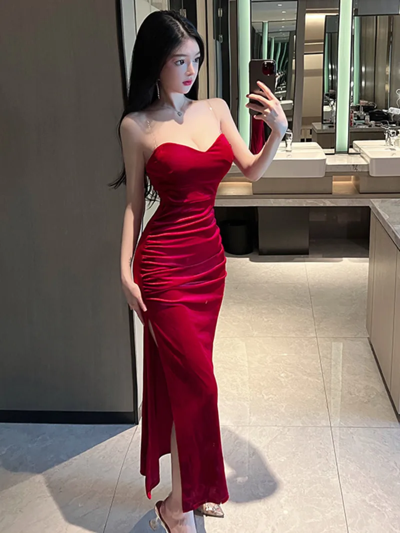 2023 Summer Women\'s Sexy Temperament ceremonial dress Wrapped Chest backless High Split Velvet Wrapped Hip Red Long Dress FQ4B