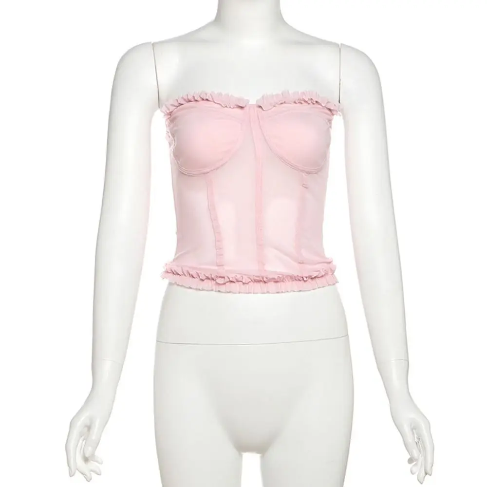 ファッションノースリーブレースキャミソールラップチェストボトムシャツ女性用メッシュコルセットラッフルタンクスリムクロップトップスストリートウェア