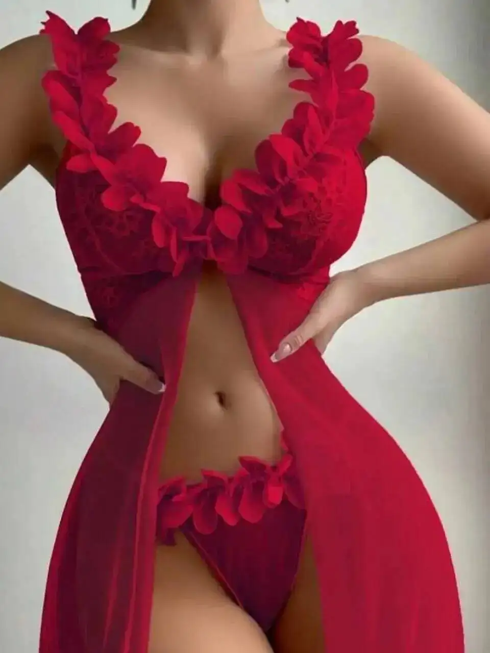 Dames sexy ‌ Sensuele rode diepe v-hals bloemen kant lange jurk met hoge split voor vrouwen mesh kant bloemen pastorale sexy jurk IIDQ