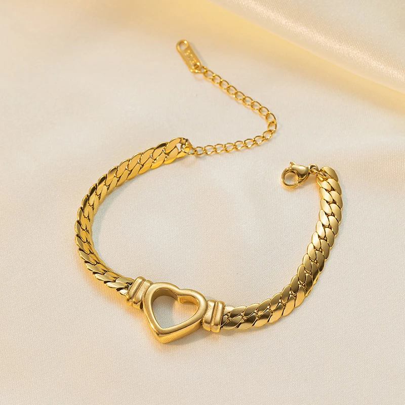 ANENJERY 316L Stainless Steel Hollow Heart Thick Necklace Bracelet For Women Snake Bone Chain Ins Fashion Jewelry Set Gifts