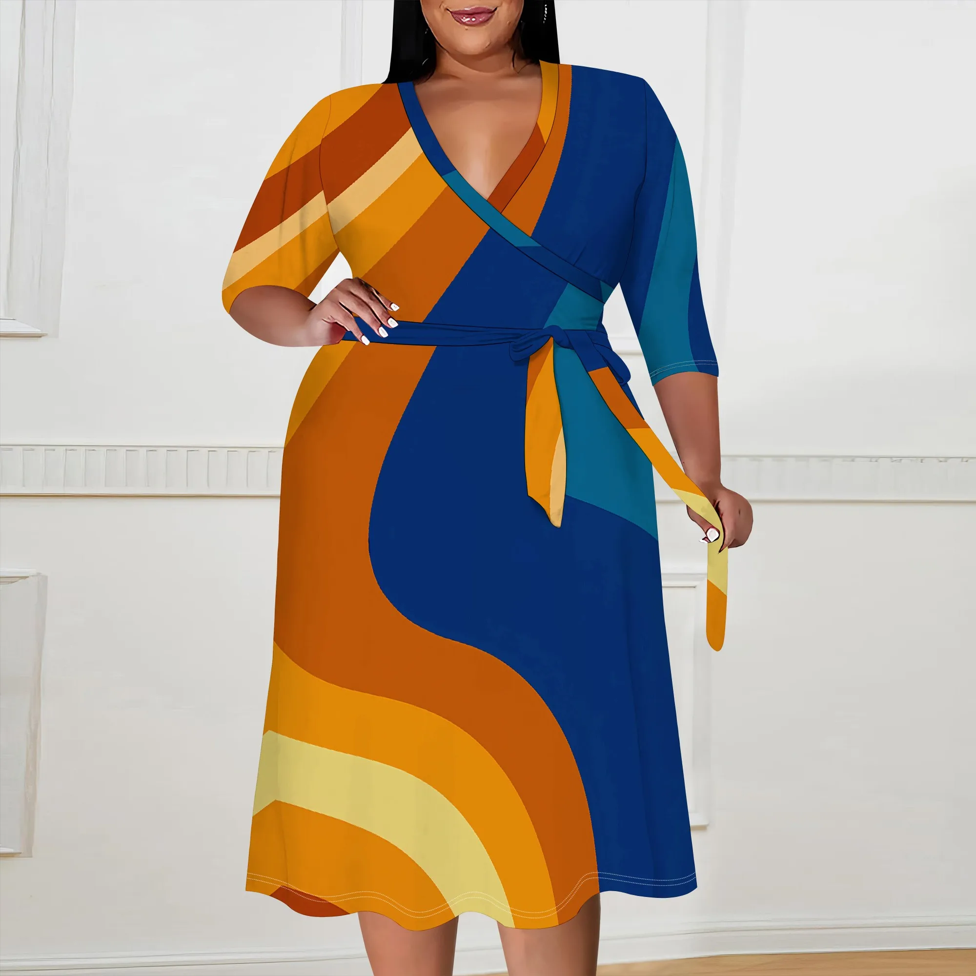 

Plus Size Retro Wave Print Wrap Dress XL-6XL V-Neck Belted Style for 70s Theme Party, Afro Soul Festival or Summer Brunch