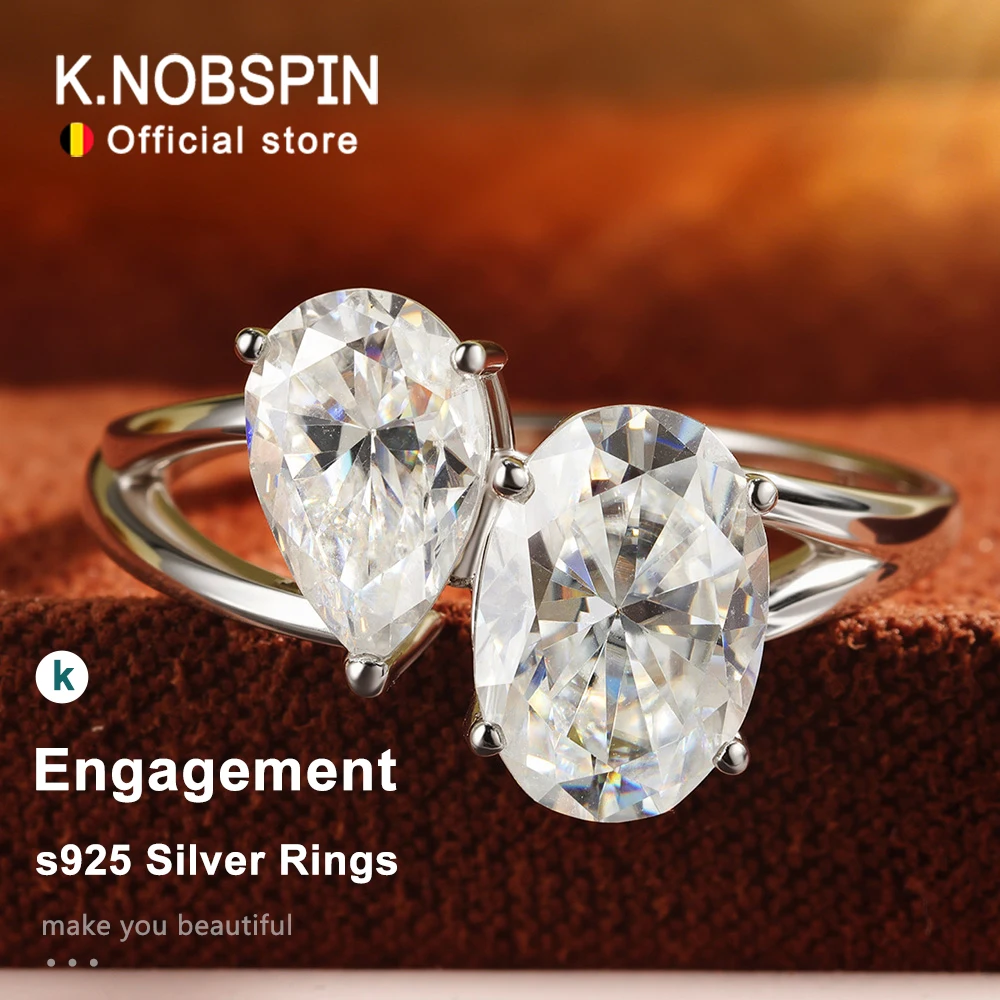 KNOBSPIN 4CT Oval/Pear Cut Moissanite Wedding Band Rings for Women GRA Certified 2-Stone 925 Sterling Silver Diamond Bridal Ring