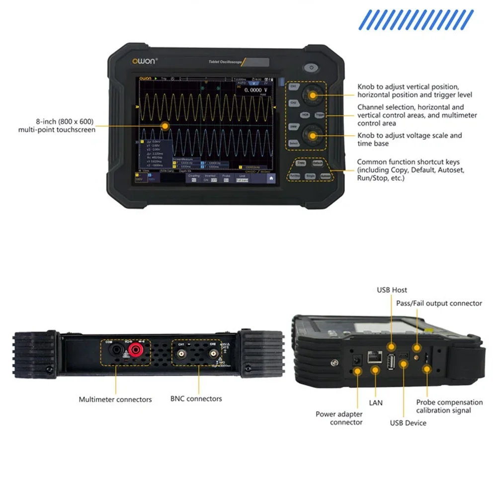 OWON Portable Tablet Oscilloscope 2CH 1GS/s 8 bits TAO3072 TAO3122 14-bits TAO3102A TouchScreen 70/100/120Mhz Digital Multimeter