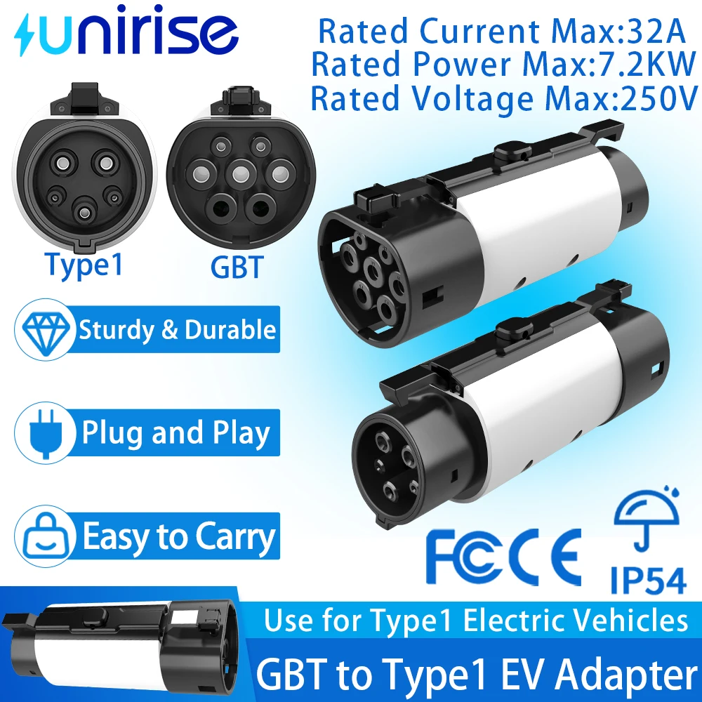 Unirise GB/T to Type1 EV Charger Adapter GBT to J1772 AC Converter 32A 7.2kW for Electric Car Type 1 Socket Charging Connectors