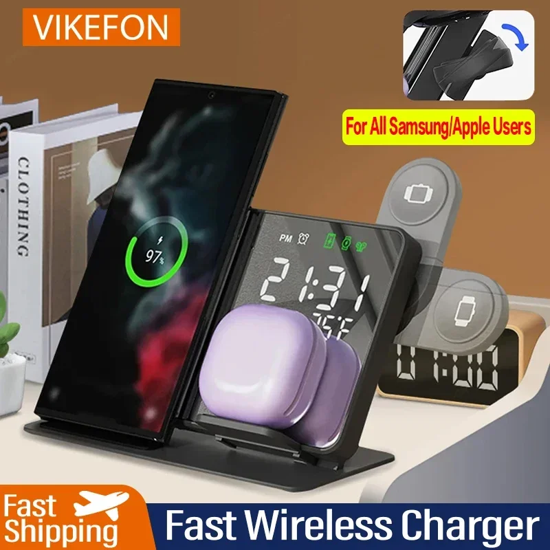 3 in 1 Wireless Charger For Apple Samsung Galaxy Watch 6 5 Pro S24 S23 S22 Fast Charging Station Alarm Clock Phone Charger Stand