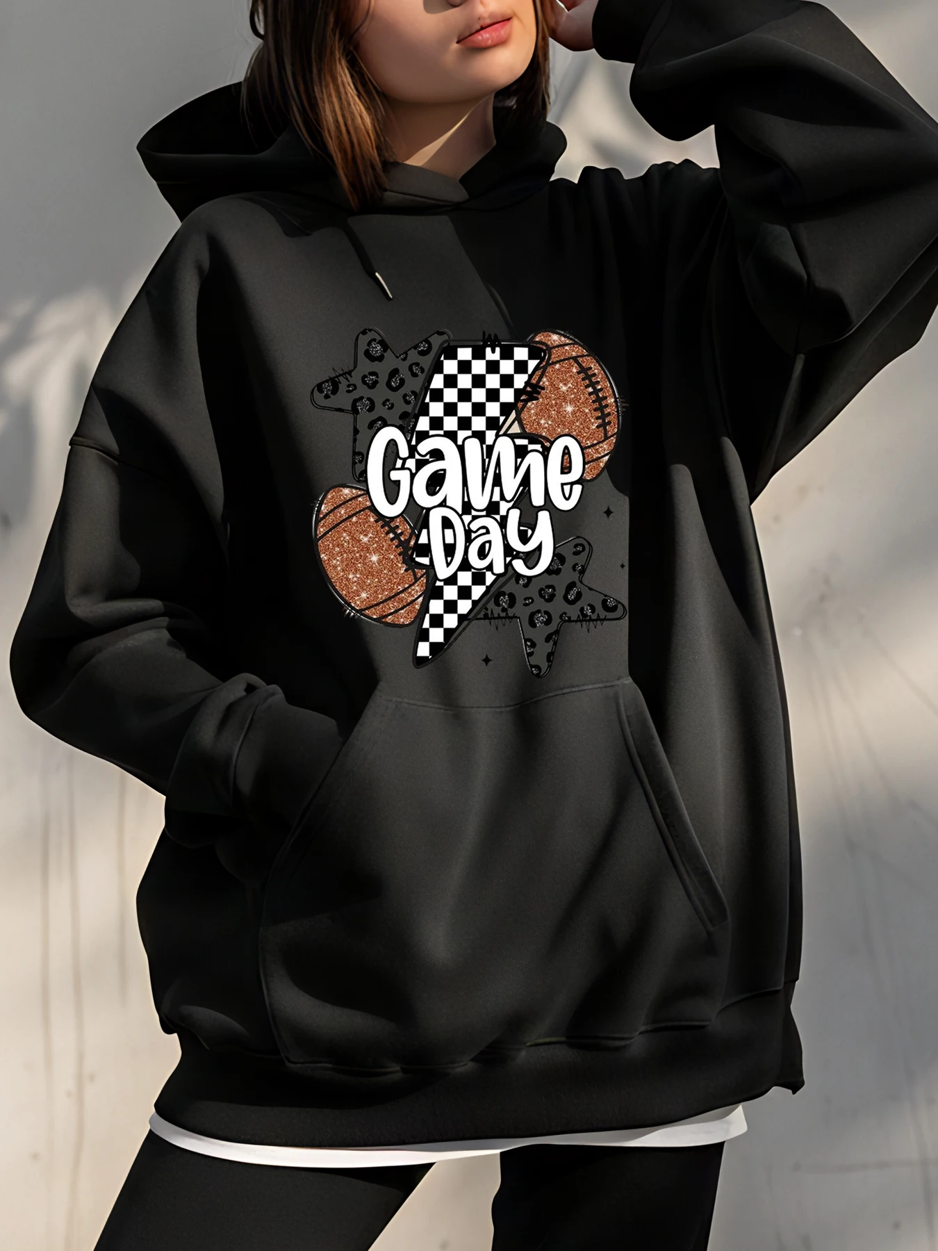 

Толстовка с капюшоном Game Day, баскетбол, футбол, клетчатый принт, унисекс, повседневная толстовка для женщин и мужчин, спортивные фанаты, уличная одежда, стиль