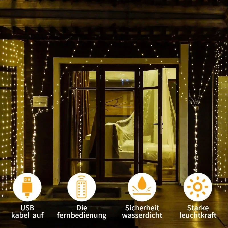 Tirai lampu Led 3M, untaian lampu peri dekorasi Natal Remote Control USB dekorasi pesta pernikahan liburan untuk rumah kamar tidur