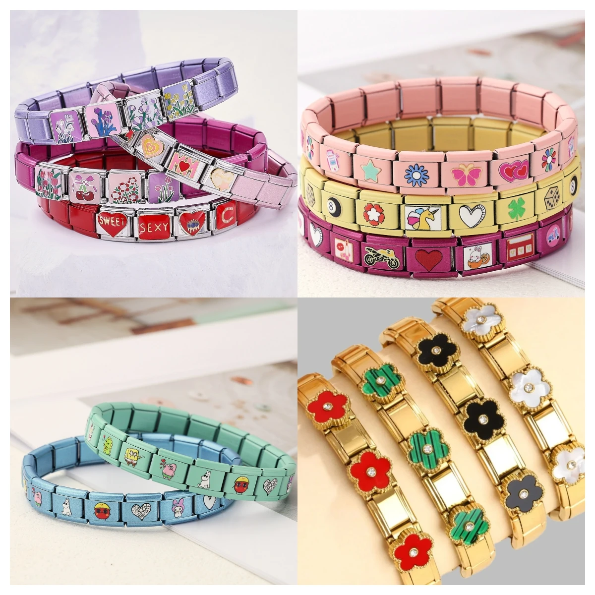 Five Leaf Flower Printing Patterns Dopamine Macaron Colors Stainless Steel Bracelets Woman Gifts Fashion Jewelry Pink Bracelet