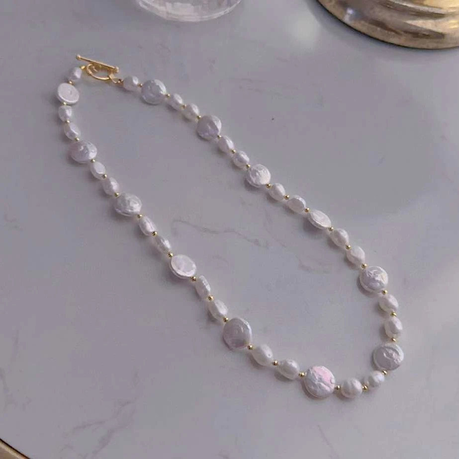 

About 45cm long button Baroque necklace 12MM natural button+7-8MM Baroque freshwater pearl necklace white pearl jewelry