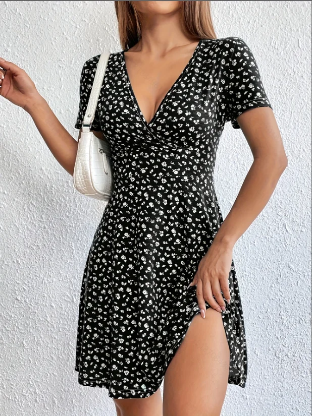 

Women's Spring Summer Floral Print Dress Short Sleeve Mini Skirt Casual Elegant Style Fashionable Clothing