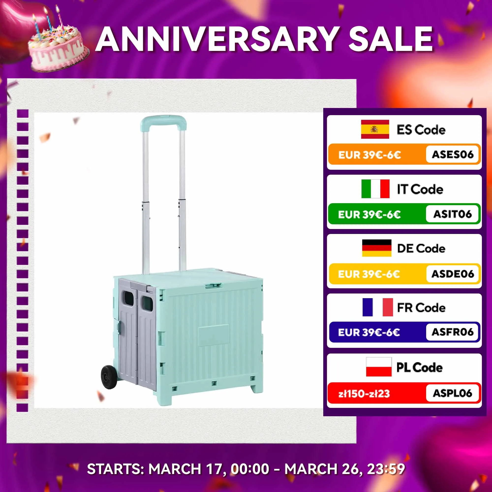 Carrello della spesa pieghevole HOMCOM con 2 ruote 41,5x32,5x85 cm verde